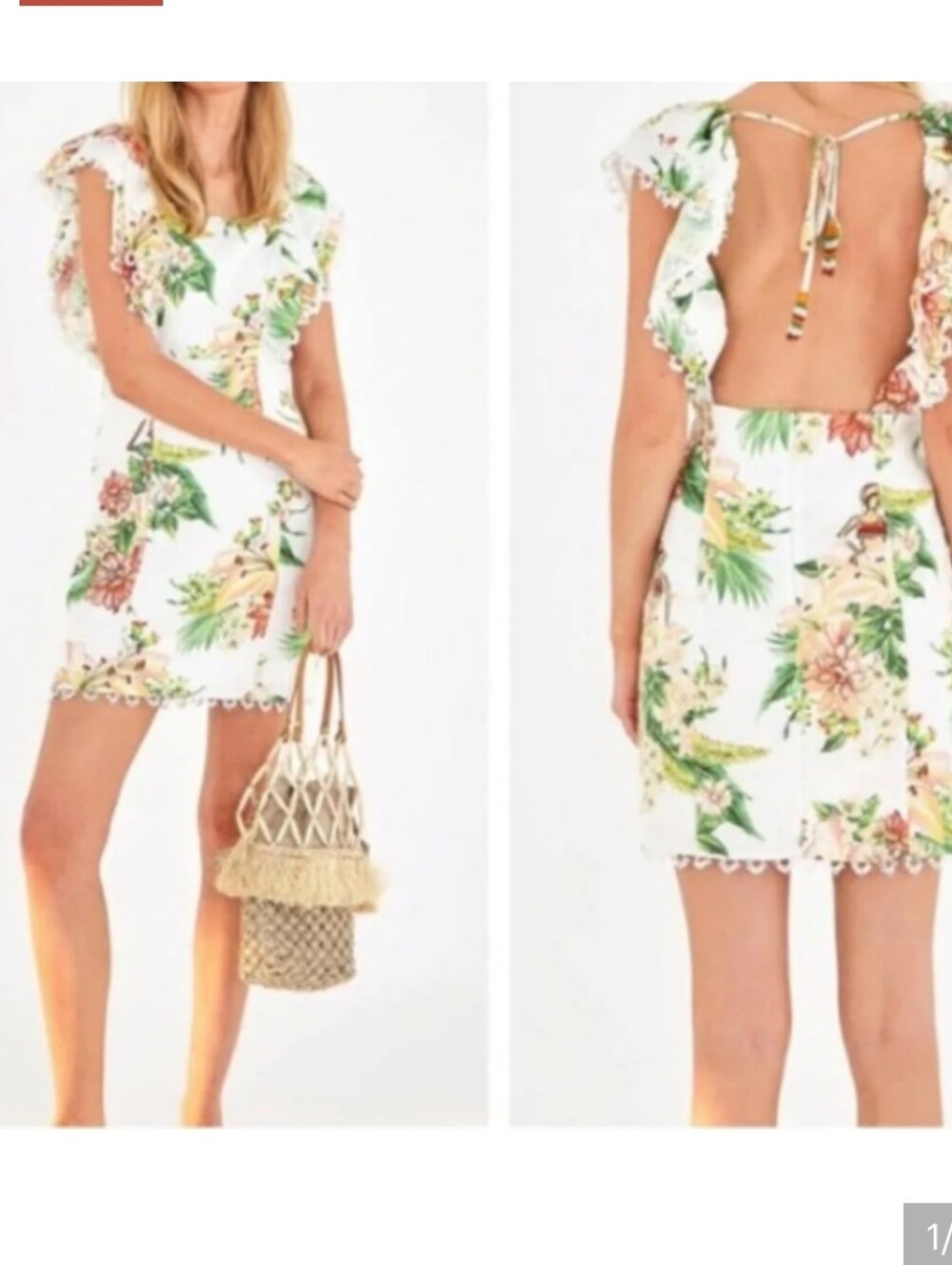 FARM Rio Floral Open-Back Linen Ruffle Mini Dress